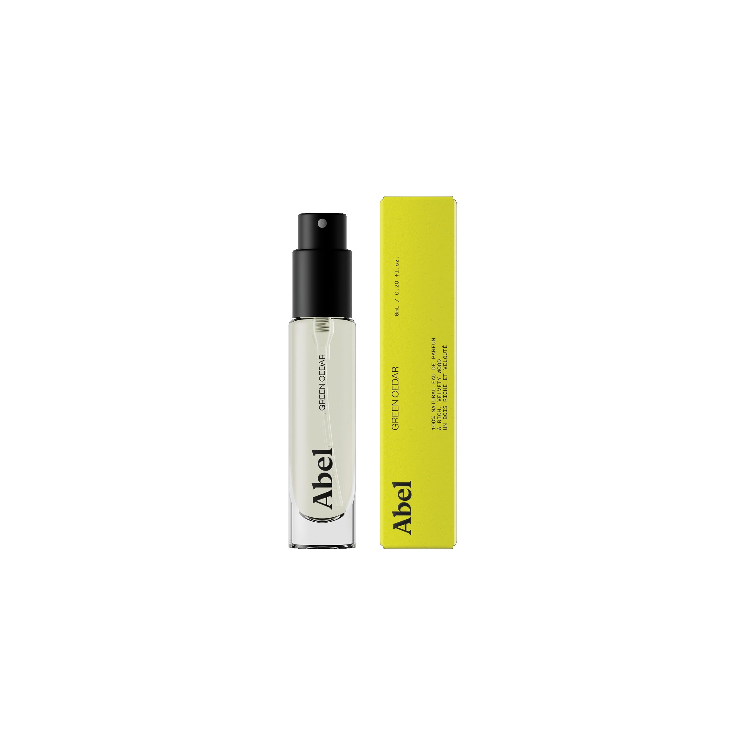 Abel Green Cedar Eau de Parfum – clear glass bottle 6ml, black spray nozzle, yellow box – perfume