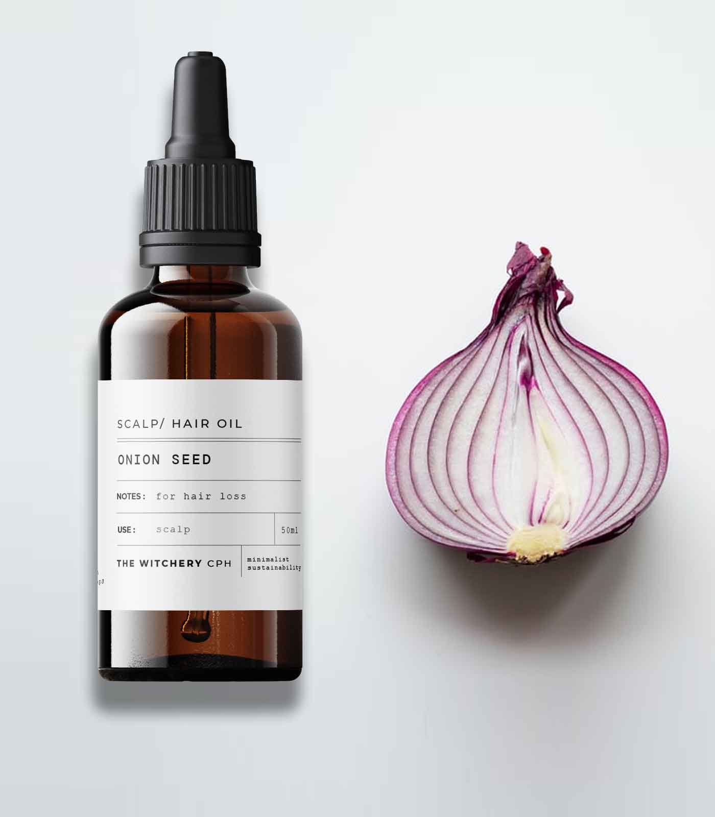 The Witchery CPH Onion Seed Scalp Oil in einer braunen 50ml Glasflasche mit Pipette für die Haarpflege.
