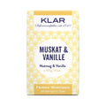 KLAR Solid Shampoo Nutmeg & Vanilla – 100g, yellow-white packaging with floral pattern, white background – hair care