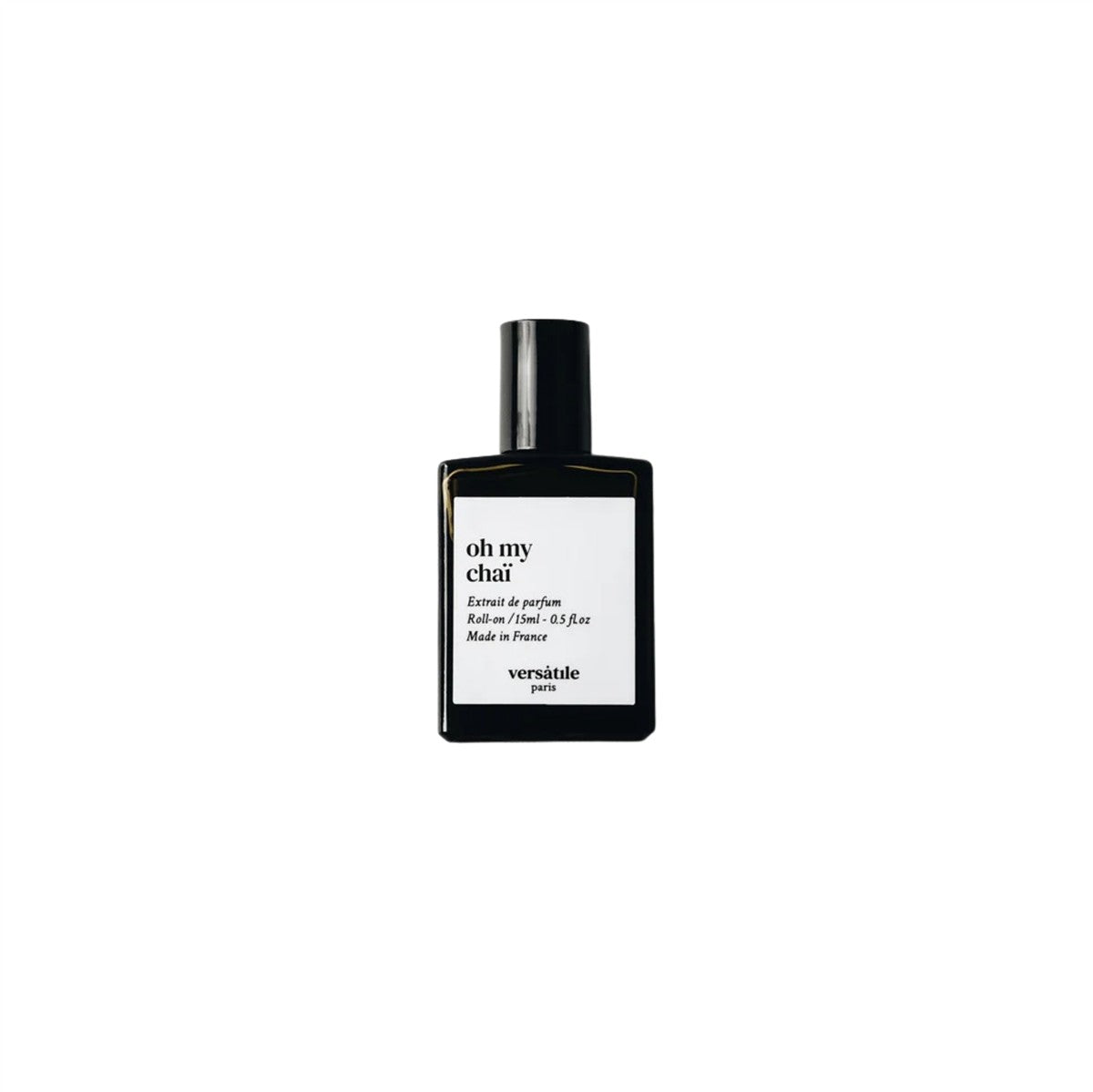 Oh My Chaï Roll-on Parfümöl, schwarze Flasche mit schwarzem Deckel, 15ml, auf weißem Hintergrund, Duftöl.