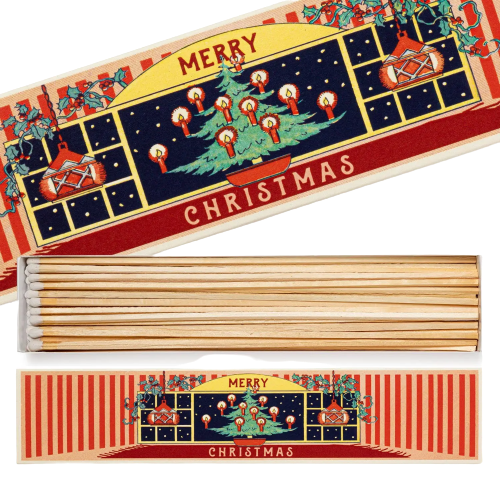 Merry Christmas Streichholzschachtel – rote und weiße Streifen, Weihnachtsbaum-Motiv, Holzstreichhölzer – Dekoration