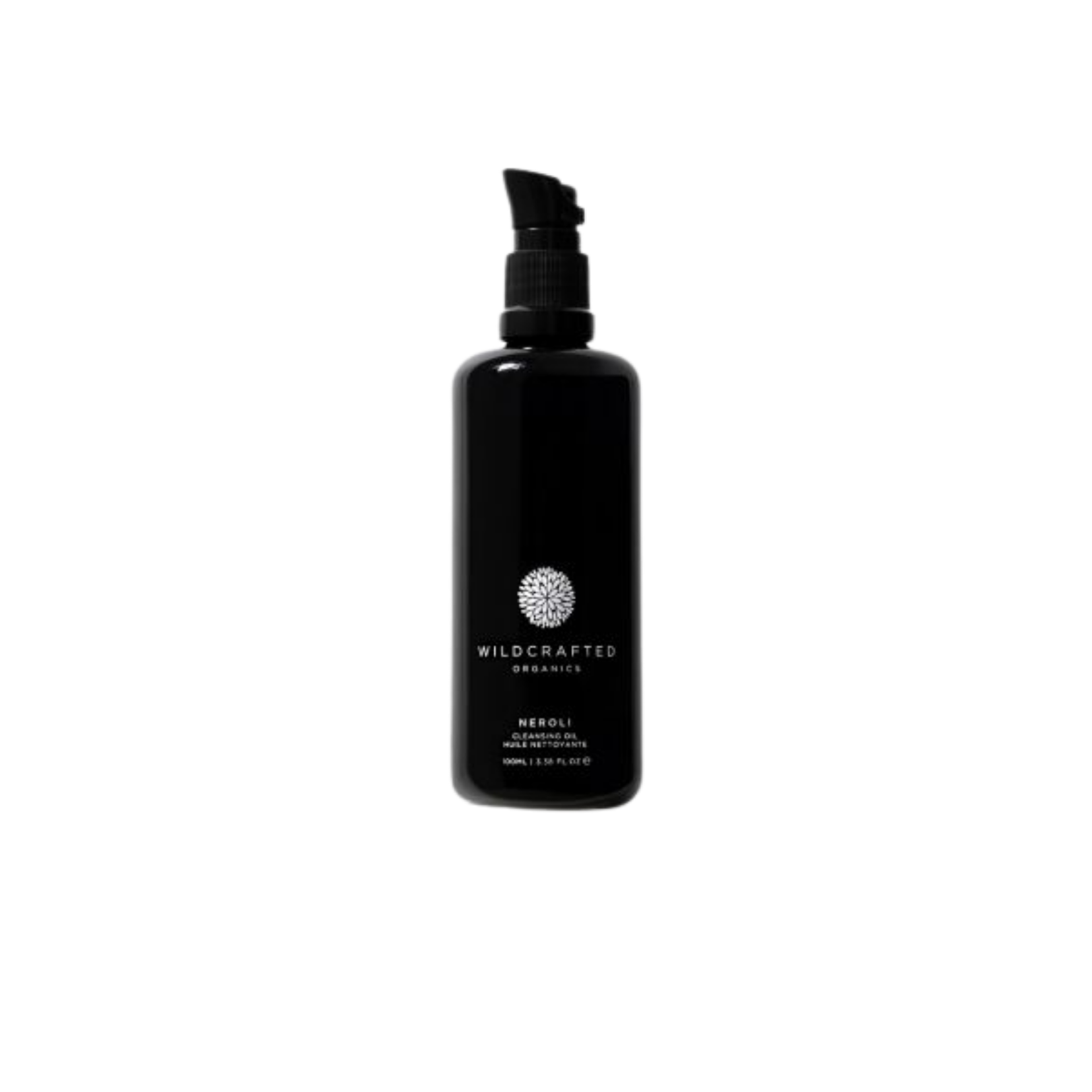 Wildcrafted Organics Neroli Cleansing Oil – black bottle 100ml with pump, white background – skin care