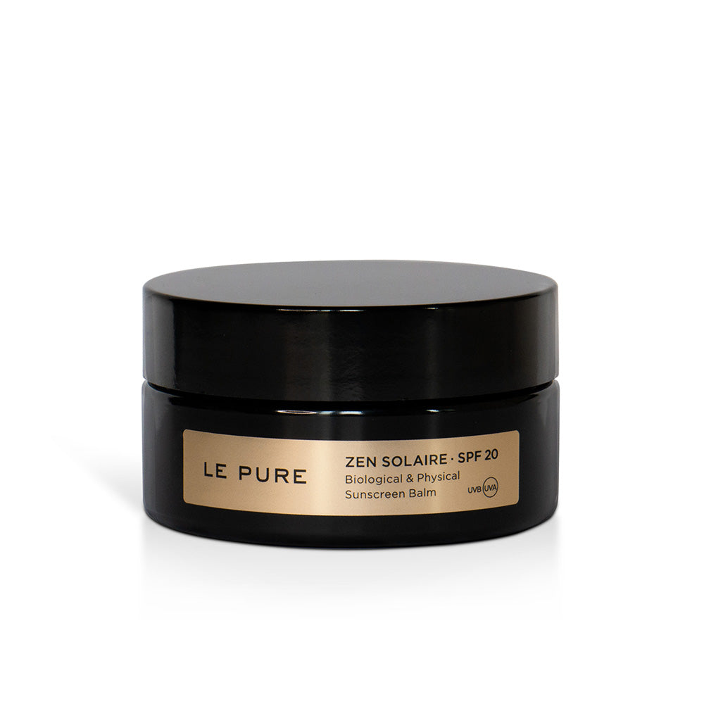 LE PURE Zen Solaire Sonnenbalsam SPF 20 – schwarzer Tiegel mit goldener Beschriftung, weißer Hintergrund – Hautpflege