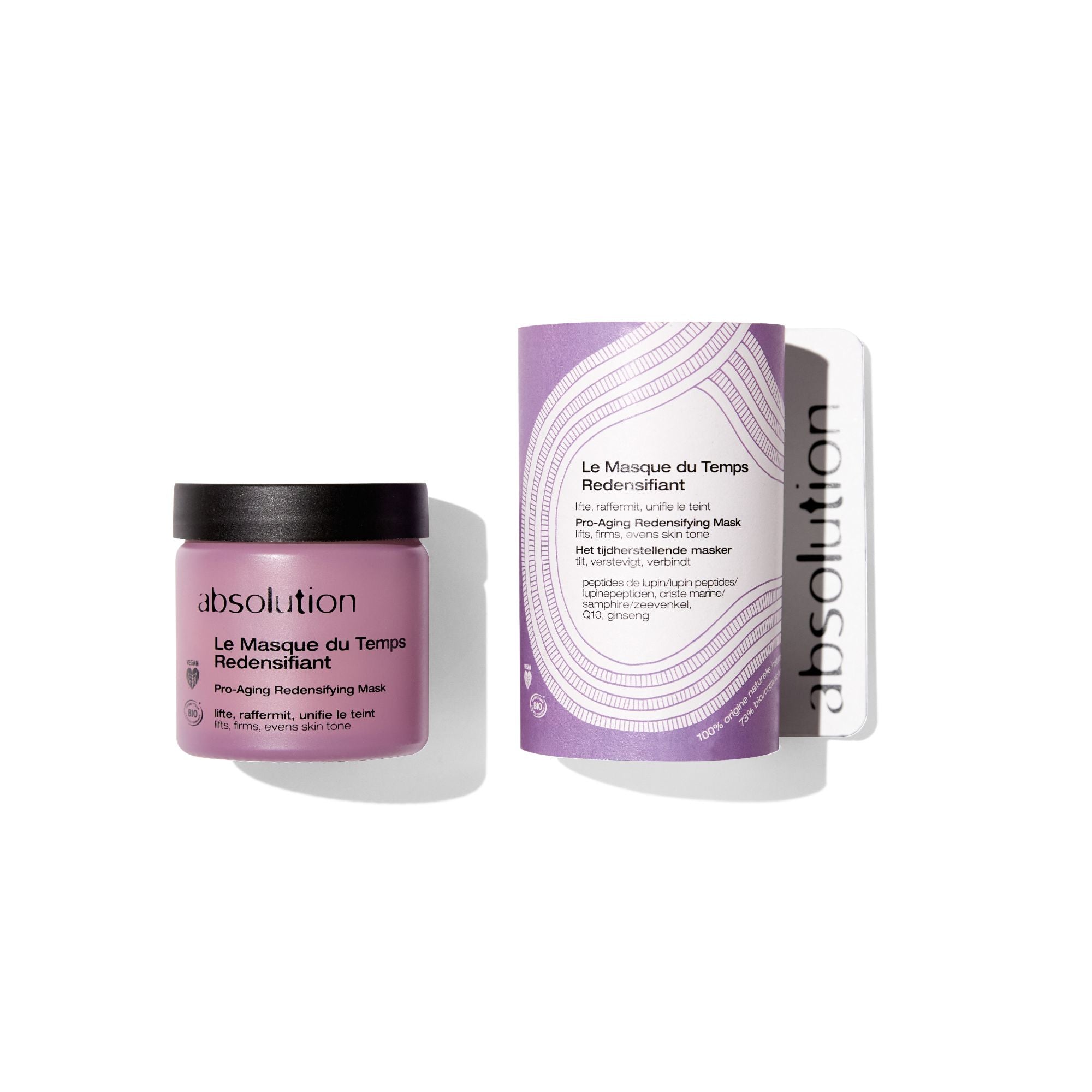 Absolution Le Masque du Temps Redensifiant purple jar with black lid on white background, skin care