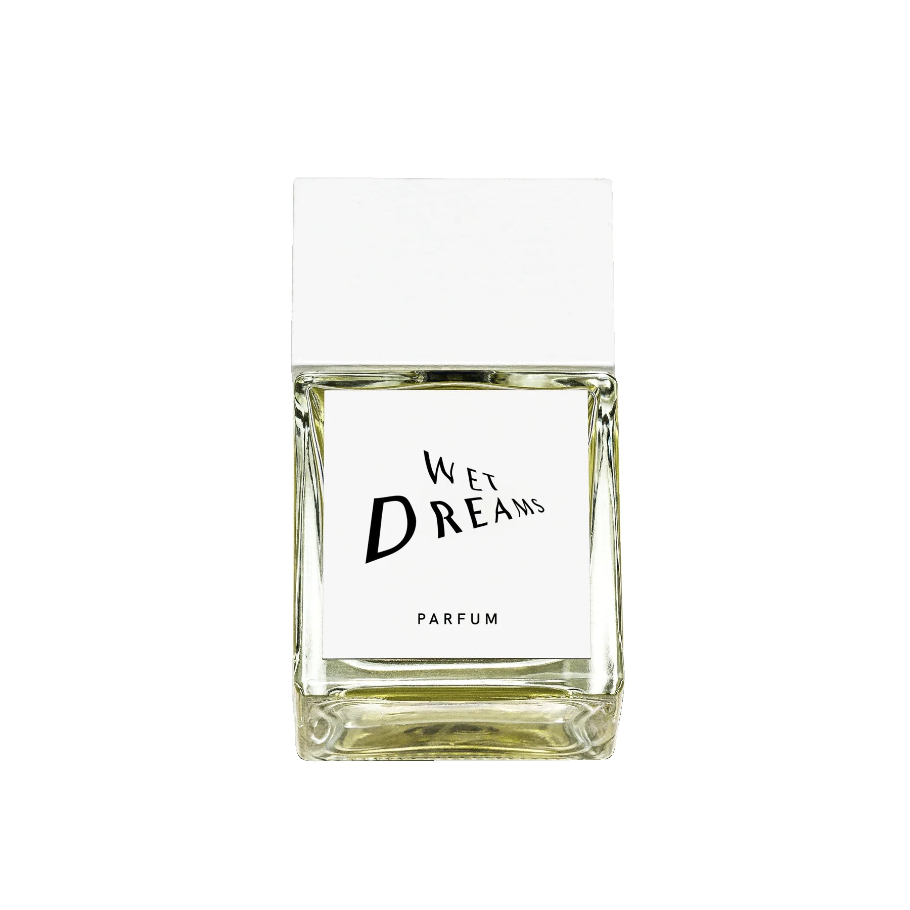 Wet Dreams Parfum – klares Glasflakon mit weißem Deckel, weißem Hintergrund – Parfüm