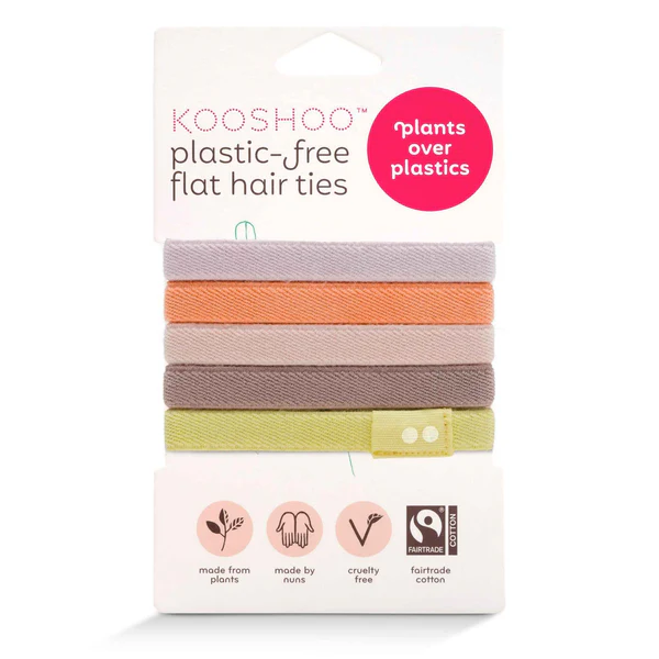 KOO SHOO Plastic Free Flat Hair Ties Bright Spark – white cardboard pack with colorful hair ties, white background – hair care