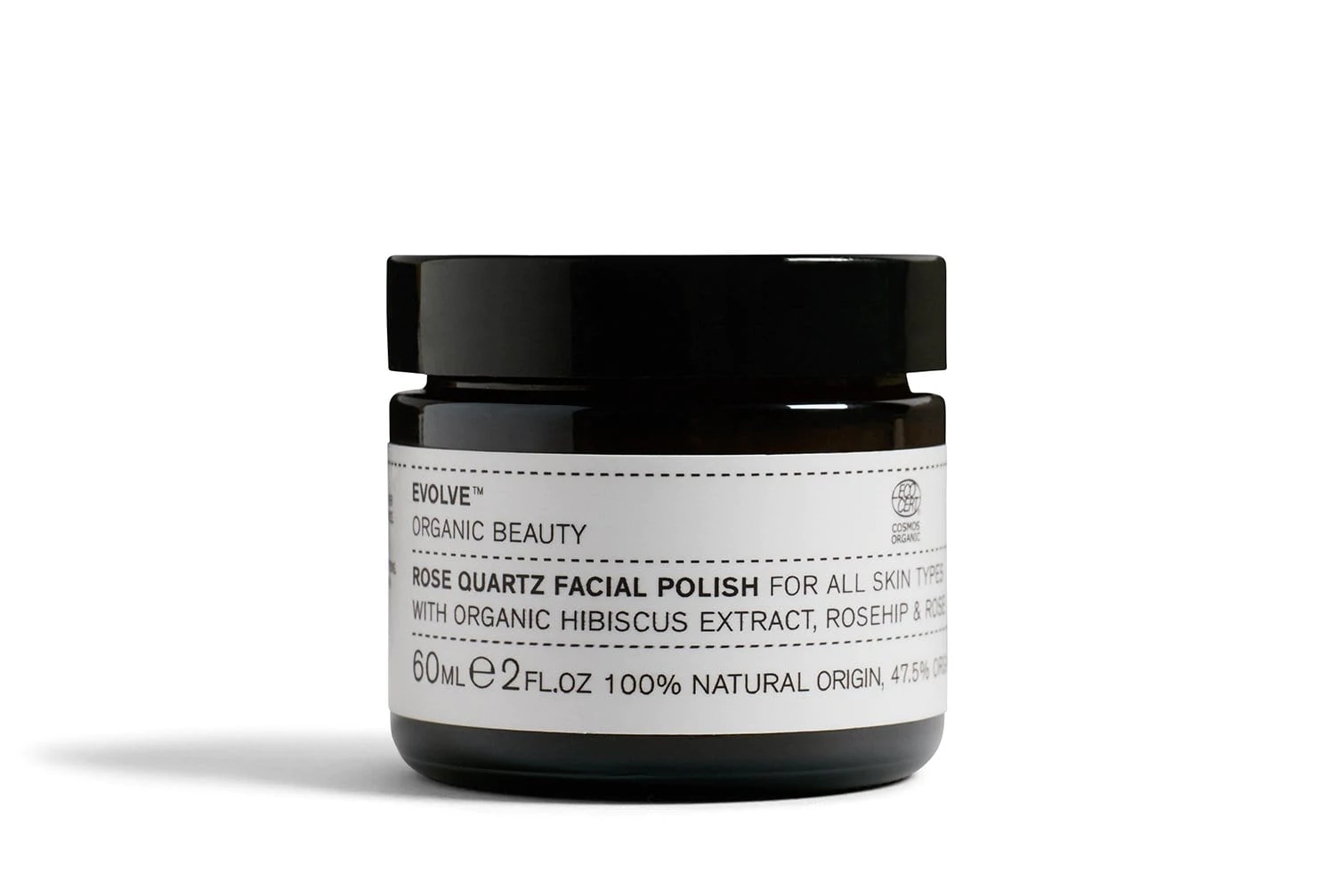 Evolve Organic Beauty Rose Quartz Facial Polish in a black jar with a white label, 60ml, skin care.
