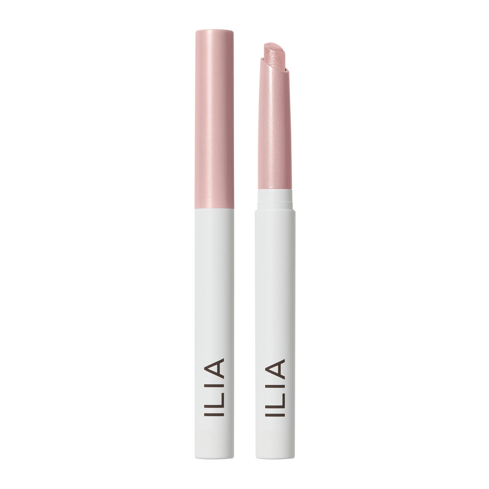 ILIA Eye Stylus Shimmer in a white and pink tube with cap on a white background, eyeshadow pencil.