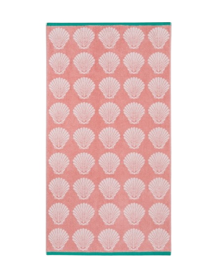 Shells Organic Cotton Badelaken – rosa Strandtuch mit Muschelmuster, türkisrandig, weißer Hintergrund – Strandaccessoires