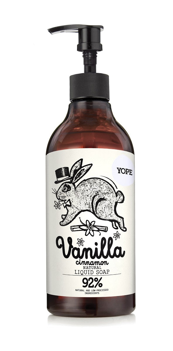 Braune Flasche mit Pumpspender: Yope Vanille-Zimt Flüssigseife mit Kaninchen-Illustration.