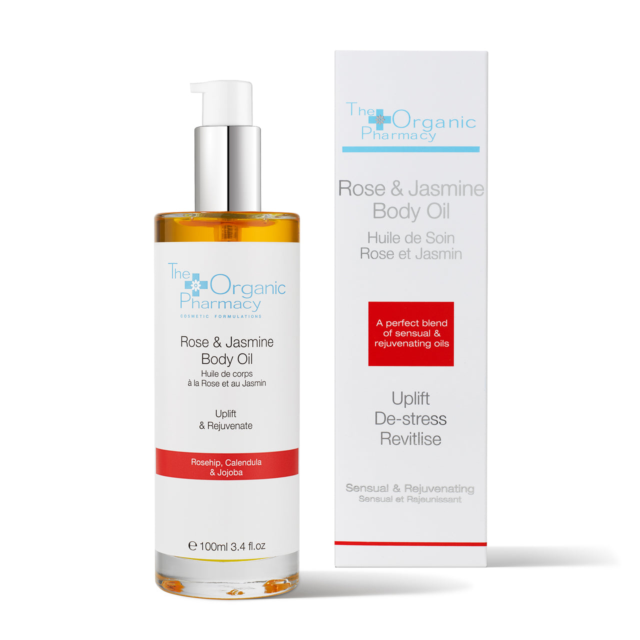 The Organic Pharmacy Rose & Jasmine Body Oil in einer 100ml Flasche mit Umkarton auf weißem Grund, Körperpflege