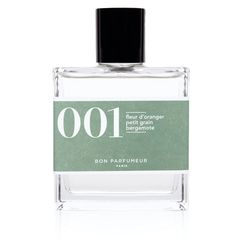 Bon Parfumeur 001 Orange Blossom Glasflasche mit schwarzem Verschluss auf weißem Grund, Parfüm