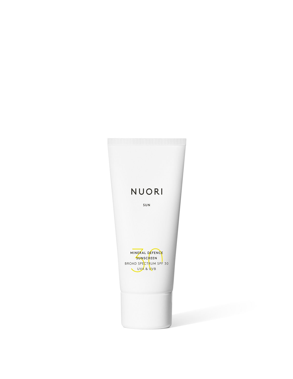 NUORI Mineral Defence Sunscreen SPF 30 – white tube, white background – skin care