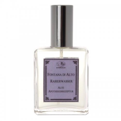 Fontana di Alto Aftershave – clear glass bottle with silver cap, purple label, white background – shaving care
