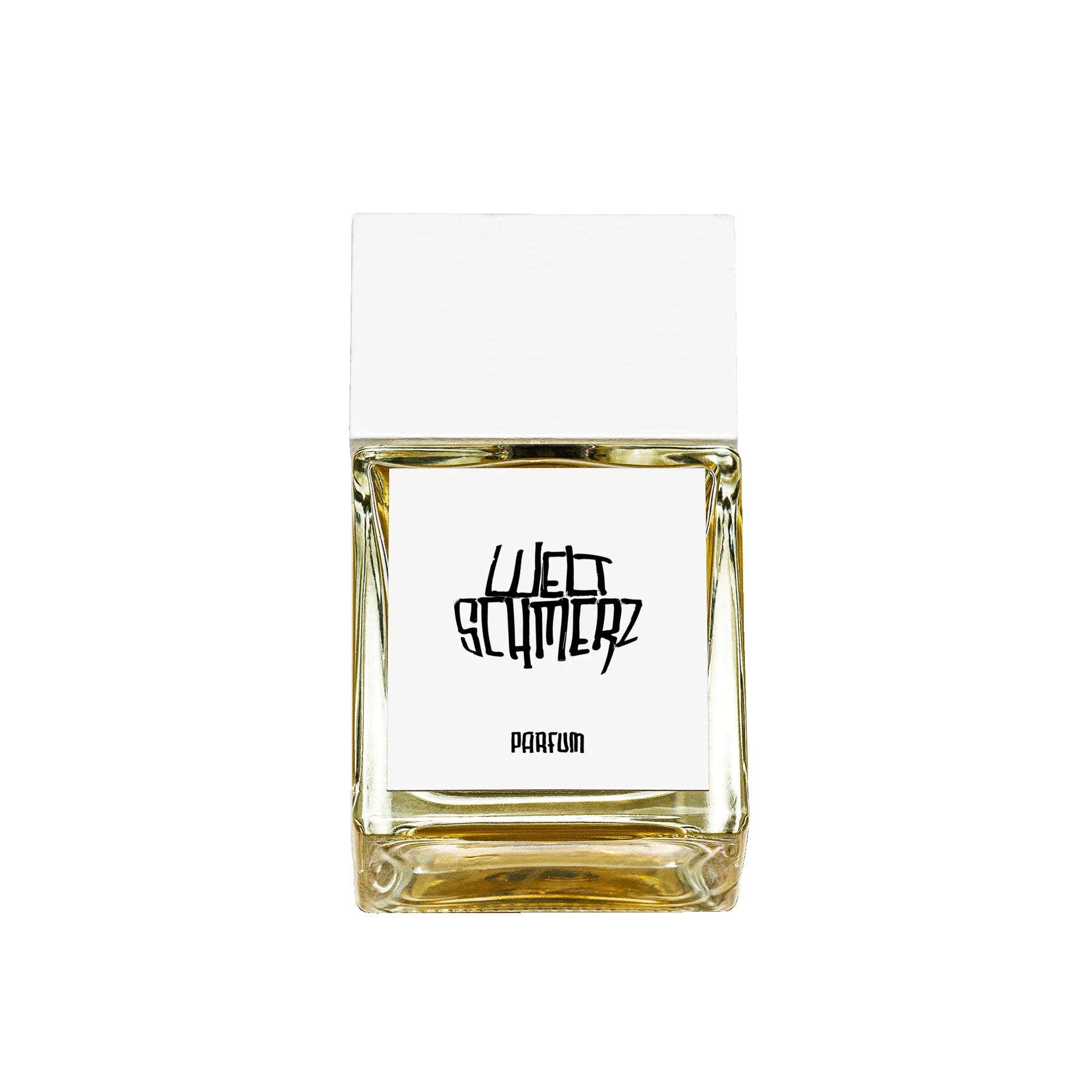 Weltschmerz Parfum – quadratische Glasflasche mit weißem Deckel, goldfarbenem Inhalt, weißem Hintergrund – Parfüm