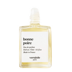 Bonne Poire Roll-on perfume oil in a clear 15ml glass bottle with a white cap on a white background. Fragrance oil.