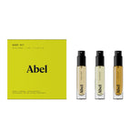 Abel Mini Parfümset Warm – drei 6ml Sprayfläschchen, schwarze Zerstäuber, gelbe Verpackung – Parfüm