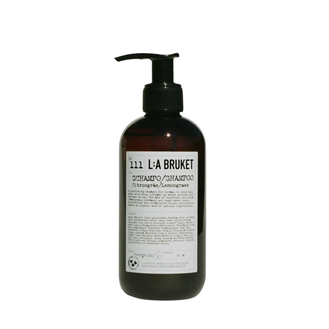 No. 111 L:A BRUKET Shampoo Lemongrass – dark bottle with pump dispenser, white label, white background – hair care