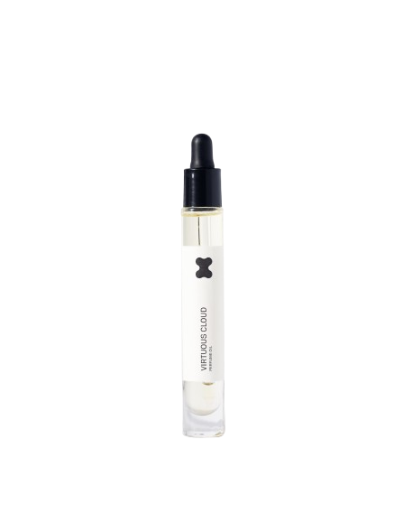 Virtuous Cloud Perfume Oil – clear glass bottle with black dropper cap, white label on white background – perfume oil