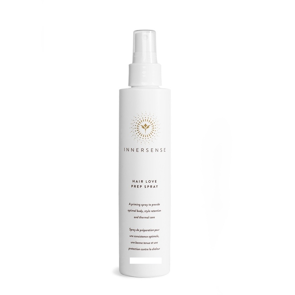 INNERSENSE Hair Love Prep Spray – white spray bottle, white nozzle, white background – hair care
