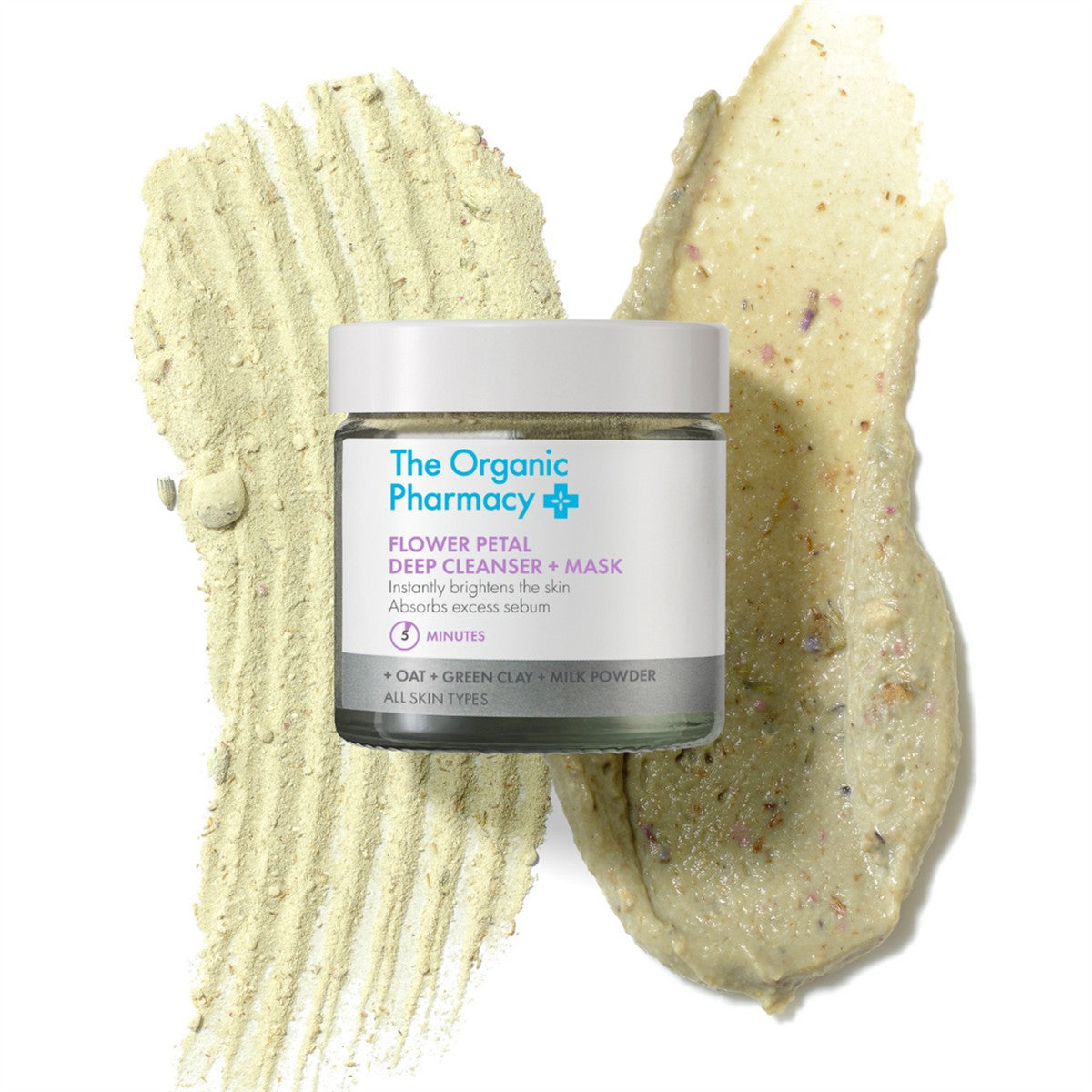 The Organic Pharmacy Flower Petal Deep Cleanser + Mask im Tiegel auf hellem Hintergrund, Hautpflege