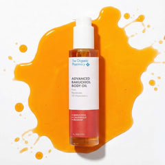 The Organic Pharmacy Advanced Bakuchiol Body Oil in a bottle with a white pump dispenser for skin care.