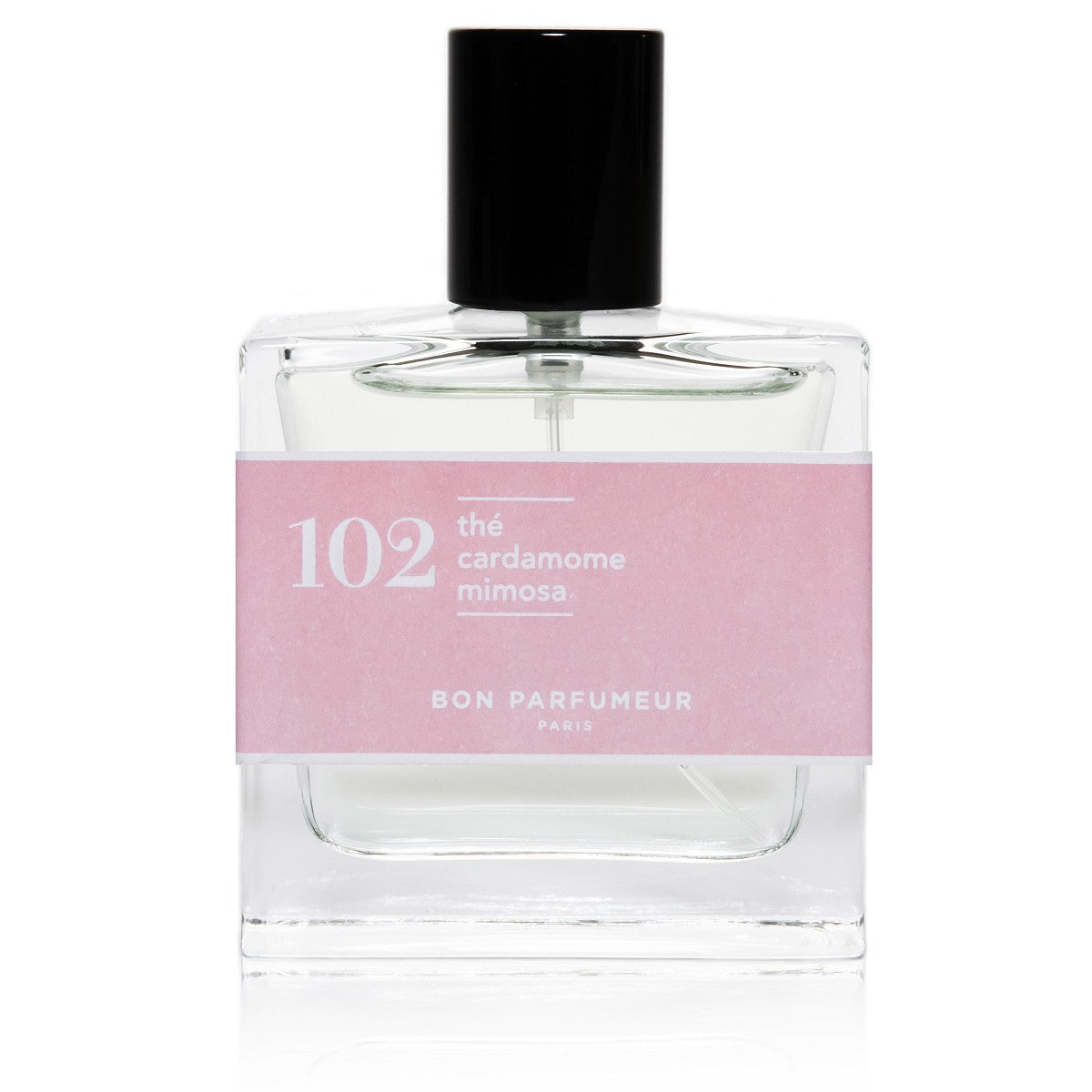 Bon Parfumeur 102 Tea – klares Glasfläschchen 30ml, rosafarbene Etikette, schwarzer Verschluss, weißer Hintergrund – Parfüm