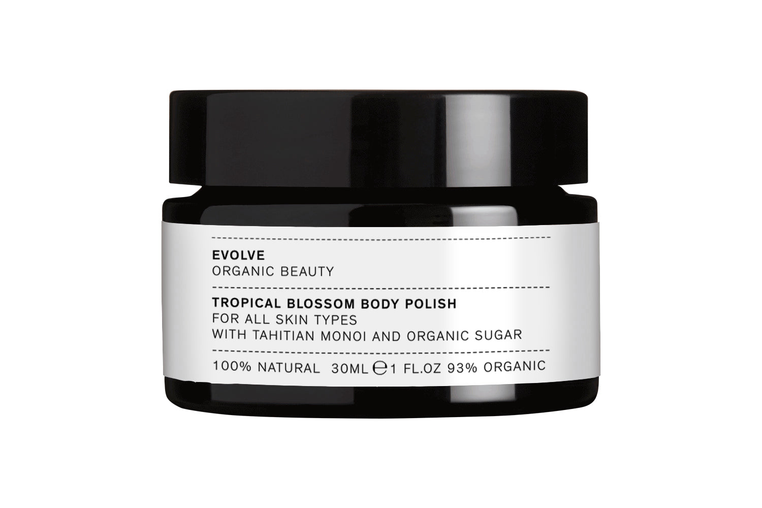 Evolve Organic Beauty Tropical Blossom Body Polish im schwarzen Tiegel mit weißem Etikett, 30ml, Hautpflege