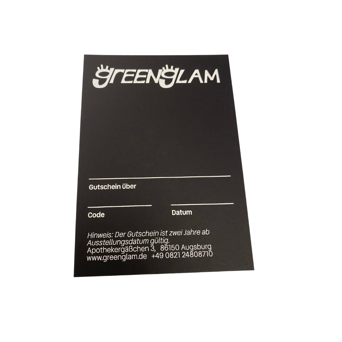 Greenglam Gift Voucher – black rectangle with white text, individual price, white background – beauty gift