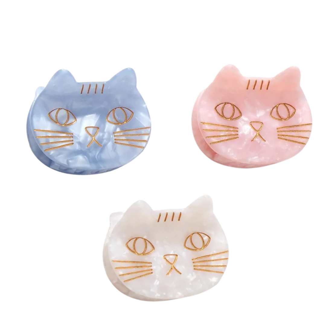 Saltwater Kitty Cat Hair Clip – white cat shape with gold accents, white background – hair styling