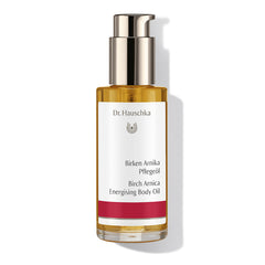 Dr. Hauschka Birch Arnica Energising Body Oil – clear glass bottle with pump dispenser, white-red label, white background – body care