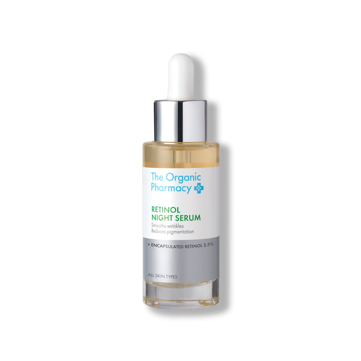 The Organic Pharmacy Retinol Night Serum in einer Glasflasche mit Pipette auf weißem Hintergrund, Hautpflege