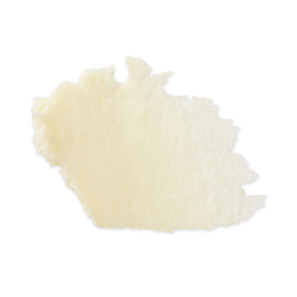 Textur des Lip Treat Smoothing Ceramide Lippenbalsams als cremiger weißer Klecks auf weißem Hintergrund, Lippenpflege
