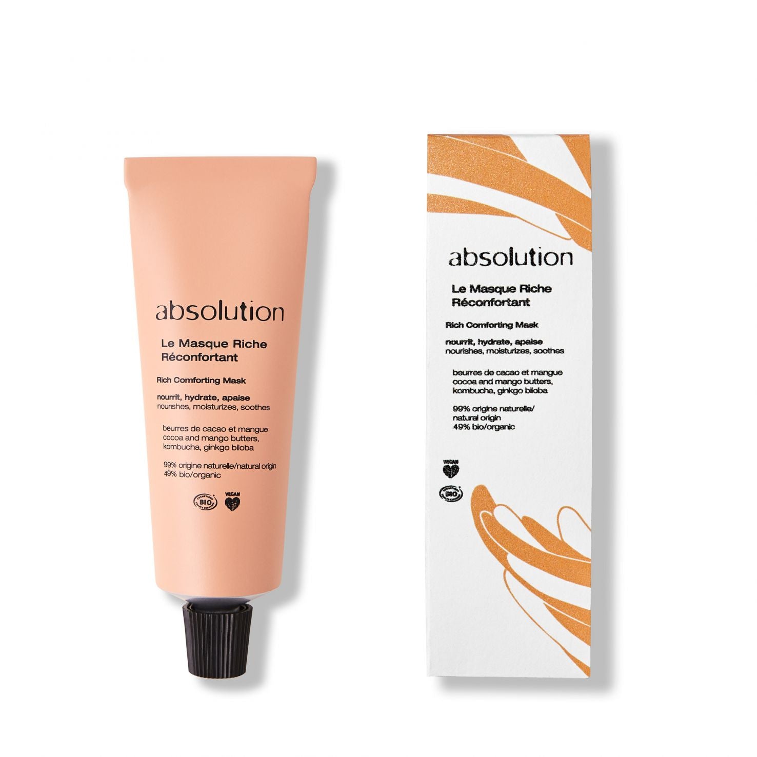 Absolution Le Masque Riche Réconfortant peach tube with black cap on white background, skin care