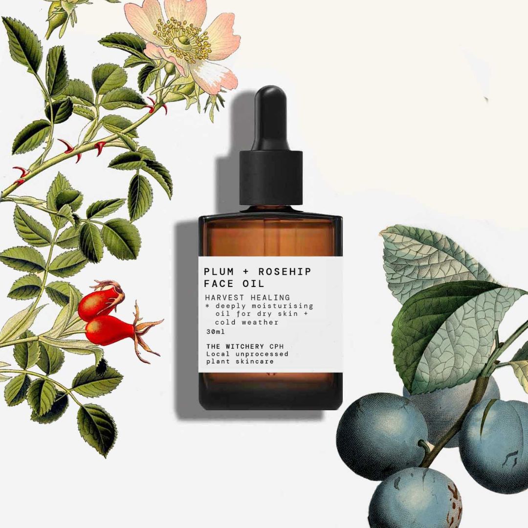 Plum Rosehip Face Oil in einer braunen 30ml Glasflasche mit Pipette auf weißem Hintergrund, Hautpflege.