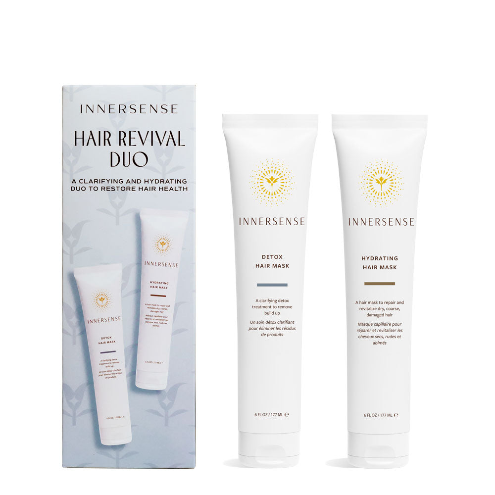 INNERSSENSE Hair Revival Duo – white tubes 177ml, white cap, light blue background – hair care