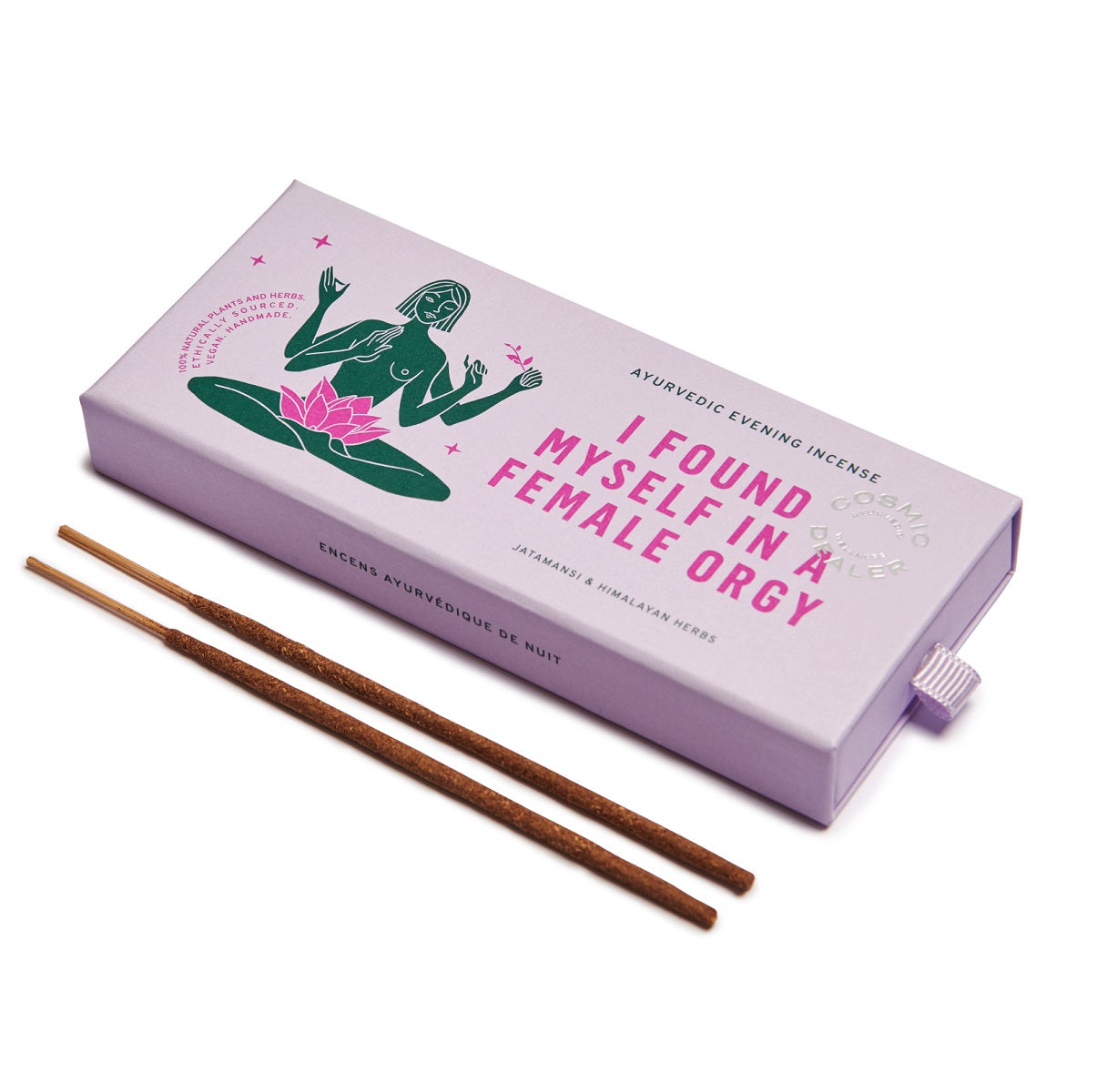 Take Me to the Yoga Shala Incense – lavender cardboard box with green lotus design, white background – wellness