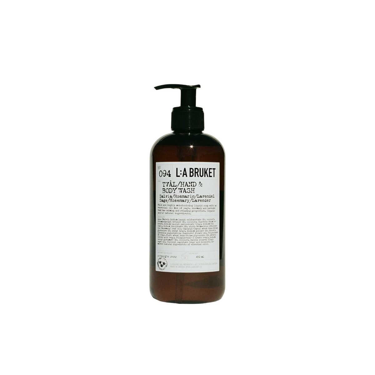 L:A BRUKET No. 094 TVÅL/HAND & BODY WASH – braune Flasche 450 ml mit Pumpverschluss, weißem Etikett und weißem Hintergrund – Hautpflege