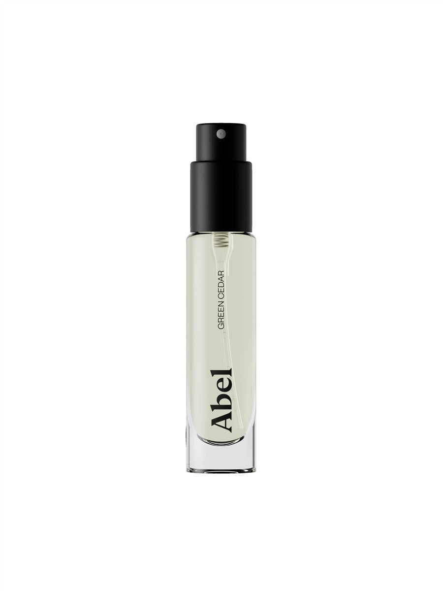 Abel Green Cedar Eau de Parfum – clear glass bottle with black spray nozzle, white background – perfume