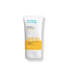 The Organic Pharmacy Cellular Protection Sunscreen SPF30 white tube with yellow accent on white background, skin care