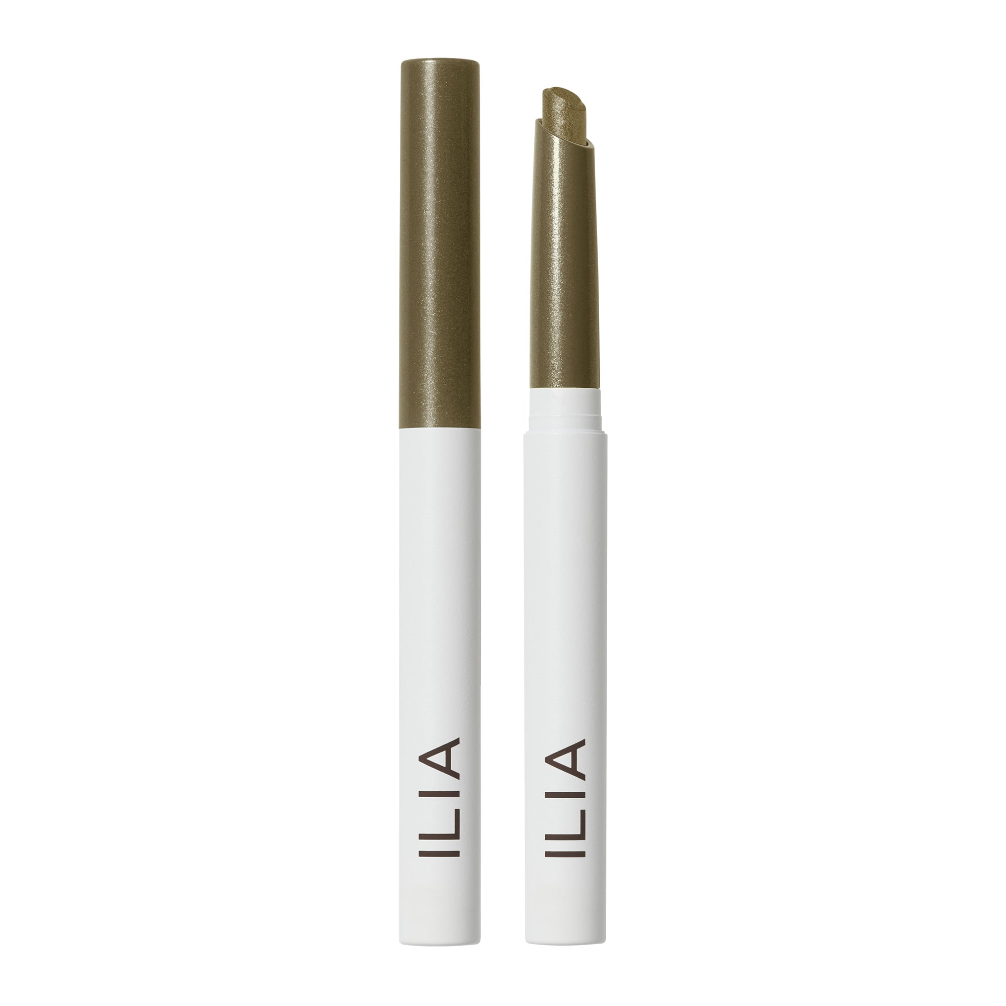 ILIA Eye Stylus Shimmer, gold shimmer eyeshadow pencil with white tube on white background, eye makeup