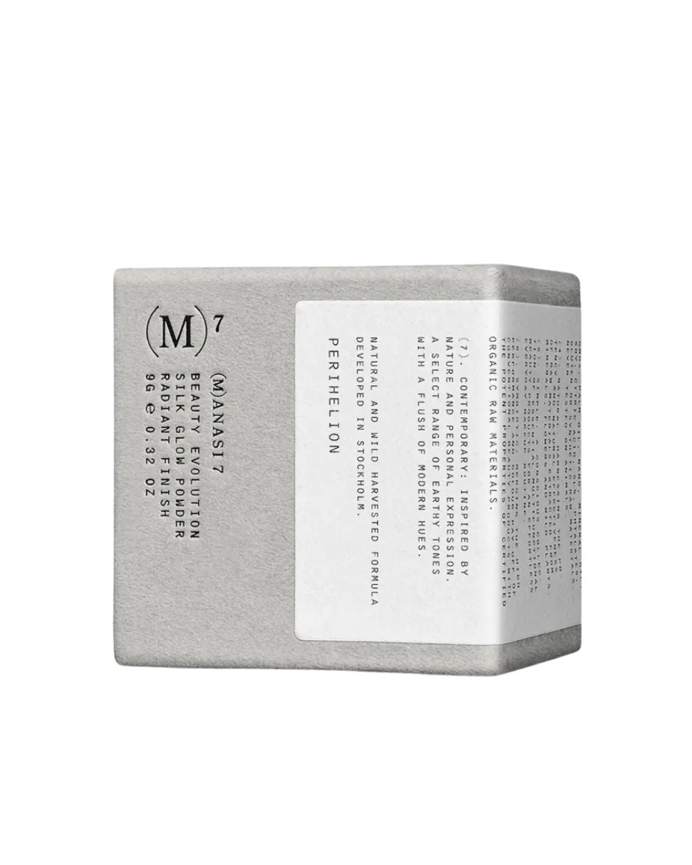 (M)ANASI 7 Silk Glow Powder Perihelion – gray cardboard box 96g, white label, white background – makeup