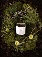 atype Scented Candle Pure Rebirth – black glass jar 130g, white label, nestled in moss and pine – aromatherapy
