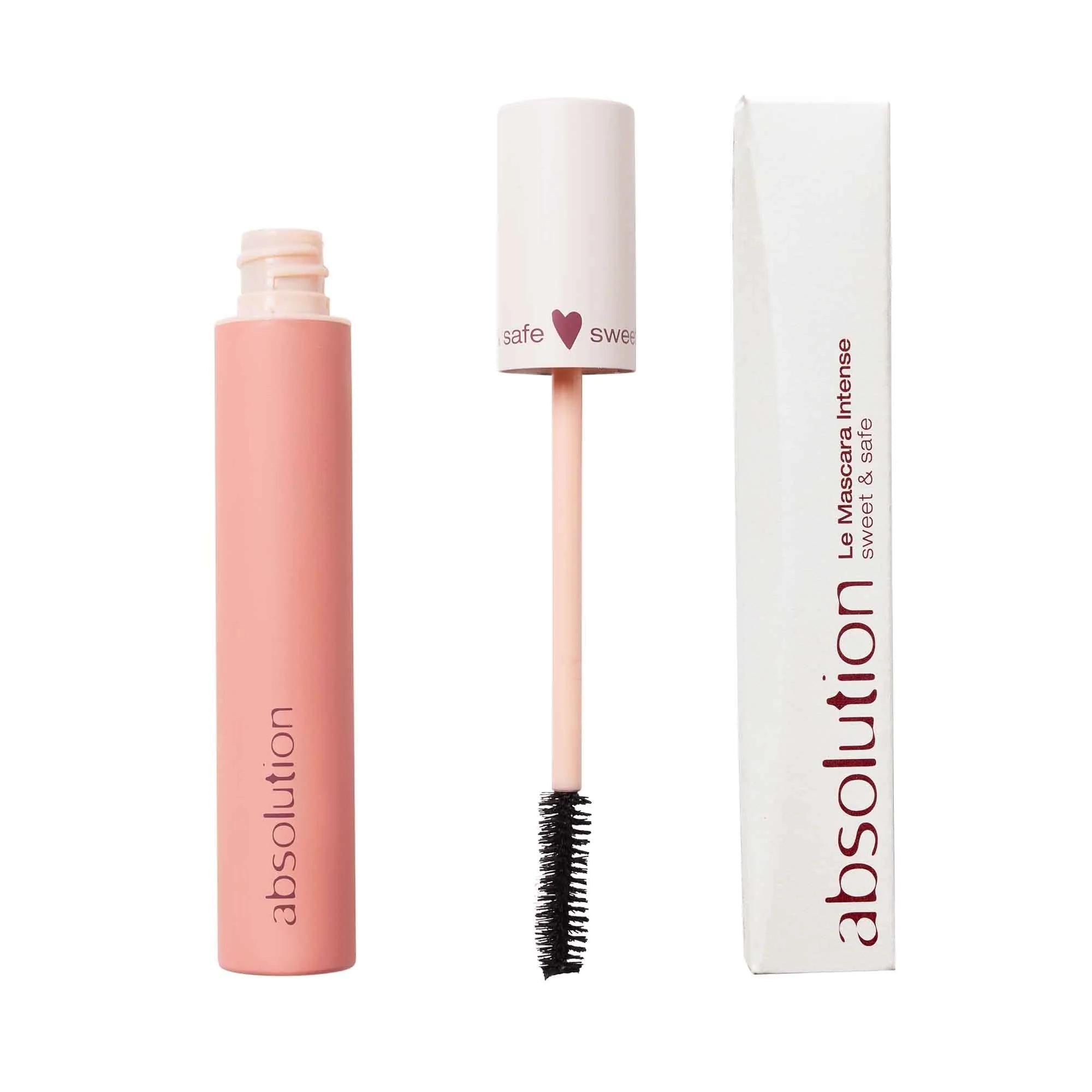 Absolution Le Mascara Intense in rosa Tube mit Verschluss und weißer Verpackung auf weißem Hintergrund, Mascara