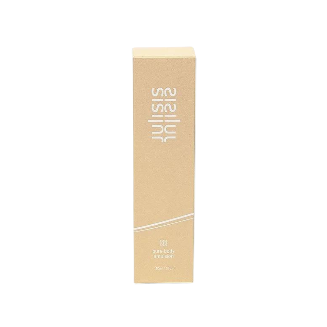 Julisis Pure Body Emulsion – beige cardboard packaging 150ml, white background – body care