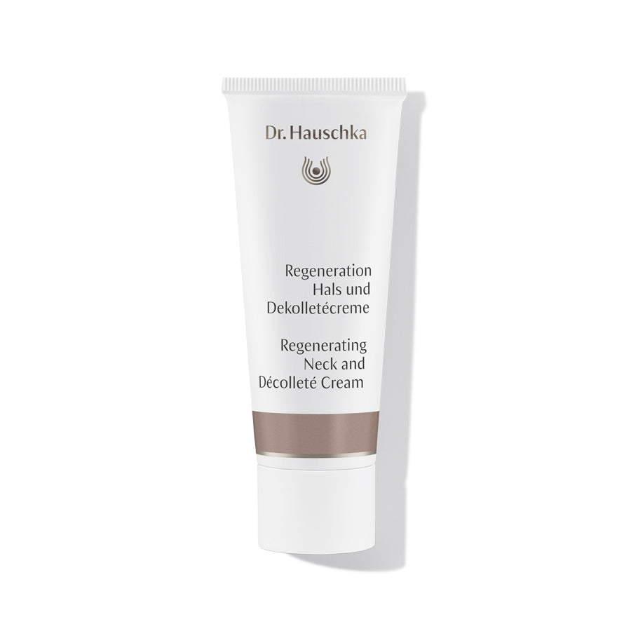 Dr. Hauschka Regenerating Neck and Décolleté Cream – white tube with brown band, white background – skin care