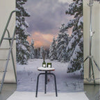 No. 332 Winter Pine – grüne Glasflasche mit Diffusor, weißem Etikett, auf schwarzem Hocker vor verschneitem Wald – Raumduft
