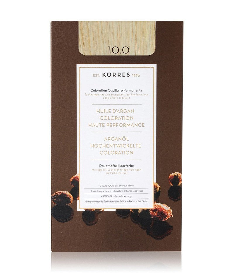 KORRES Advanced Argan Oil Permanent Hair Colorant 10.0 Platinum Blonde – brown box packaging, white background – hair care