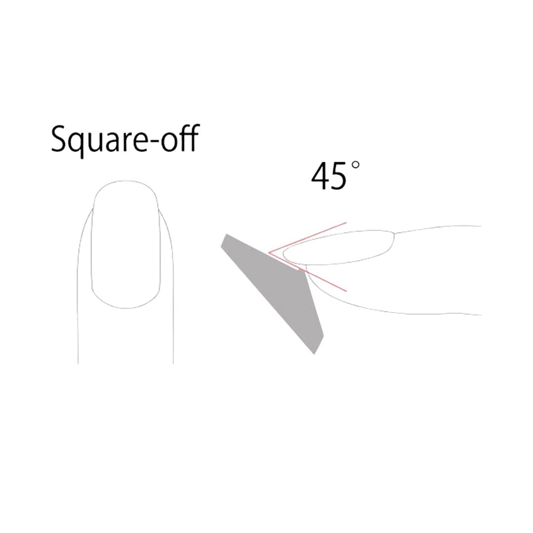 Square-off No.1 Nagelfeile – Anleitung zur Nagelkorrektur mit 45°-Winkel, weißer Hintergrund – Nagelpflege