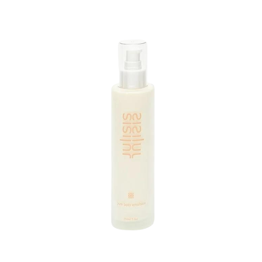 Sisley Pure Body Emulsion – cream-colored spray bottle 150ml, clear spray nozzle, white background – body care
